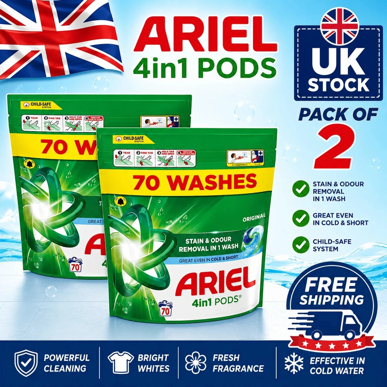 Laundry Detergent Pods 4 in 1 Washing Capsules 140 Wash Twin Pack Household Care